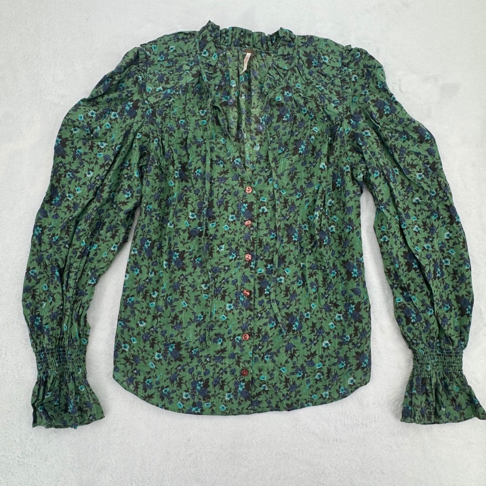 Free People Meant To Be Ruffle Neck Button Front Blouse Size XS Green Floral Top